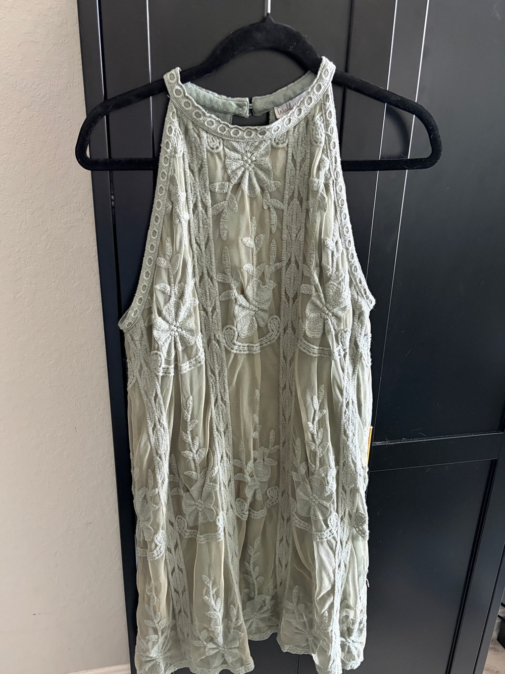 Wishlist Apparel Sage Green Lace Embroidered Halter Dress - Boho Mini - Size M